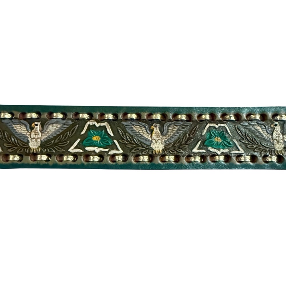 VTG Western Mallory Tooled Whip Stitched Belt Turquoise Green Brown 32, 38, 40 - Picture 5 of 15